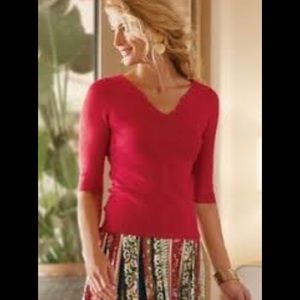 NWT Soft Surroundings Pimi Sweater Med V-Neck With Gold Studs Red 3/4 Sleeve